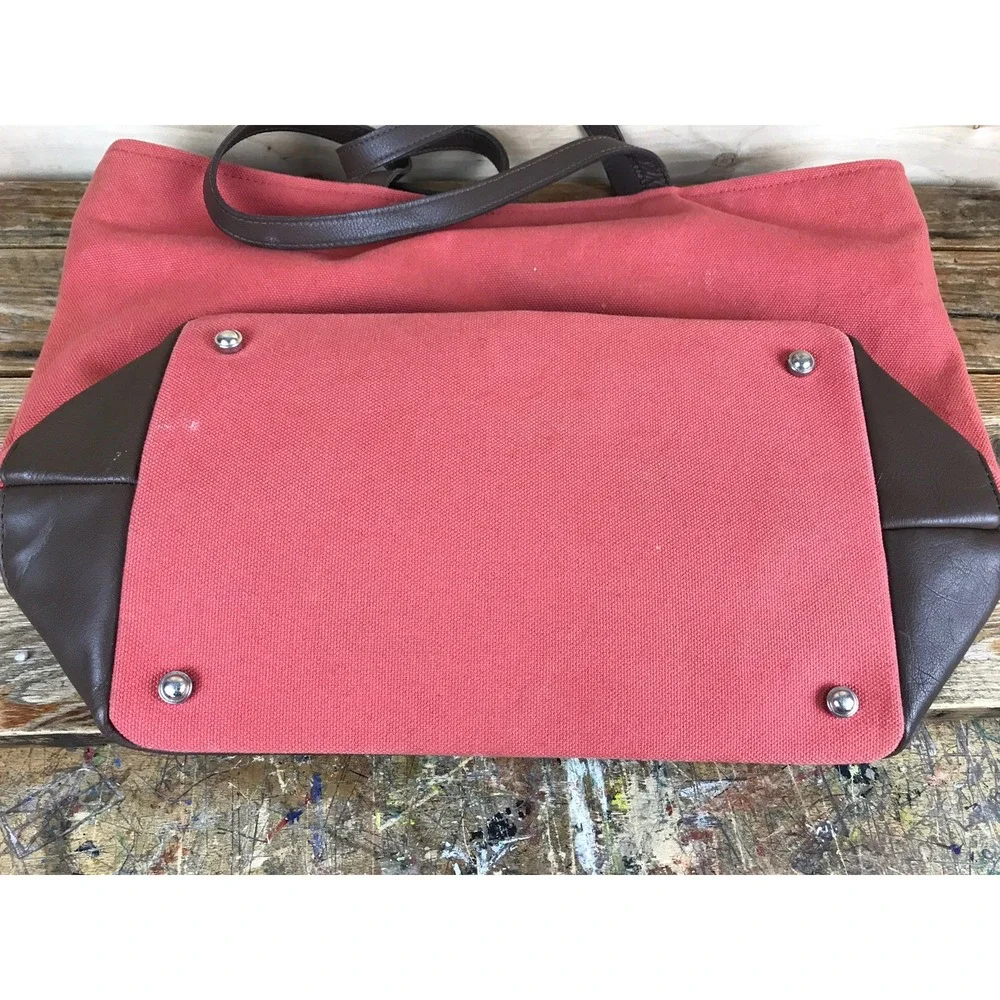 Restoration Hardware Large Canvas Tote Heavy Bag Leather Handles Zip Coral